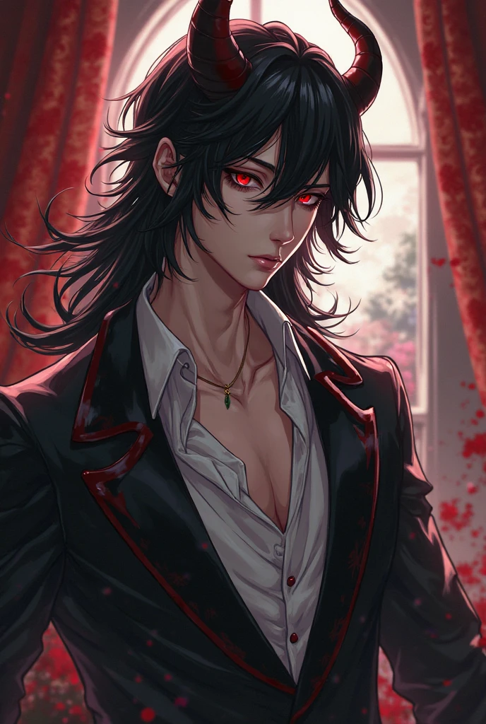 Anime-style character design, white male protagonist with long, sleek black hair cascading to his shoulders, elegantly styled for maximum impact, dressed in a chic grey tuxedo tailored to perfection, striking vampiristic features reminiscent of Henry Cavill illuminated by moonlight, vivid reddish eyes exuding an enchanting glow, embodying both charm and mystery, intricately detailed  structure highlighting angular cheekbones and bold jawline, seamless artistic fusion of vintage comic book aesthetics and modern anime style, dynamic pose suggesting both fluidity and confidence, capturing the energy and charisma of this captivating character within an urban fantasy context, abstract city skyline faintly blurred in the background, vibrant splashes of color around the character enhancing the visual narrative, rich contrasts and smooth gradients create depth and dimension, meticulously applied cell shading technique emphasizing the tuxedo's texture and the gleam of his hair, whimsical stylistic elements inspired by Urban Rivals blending harmoniously to heighten the character's appeal, artistic expression reaching a crescendo to deliver a masterpiece that captures the viewer's attention and imagination