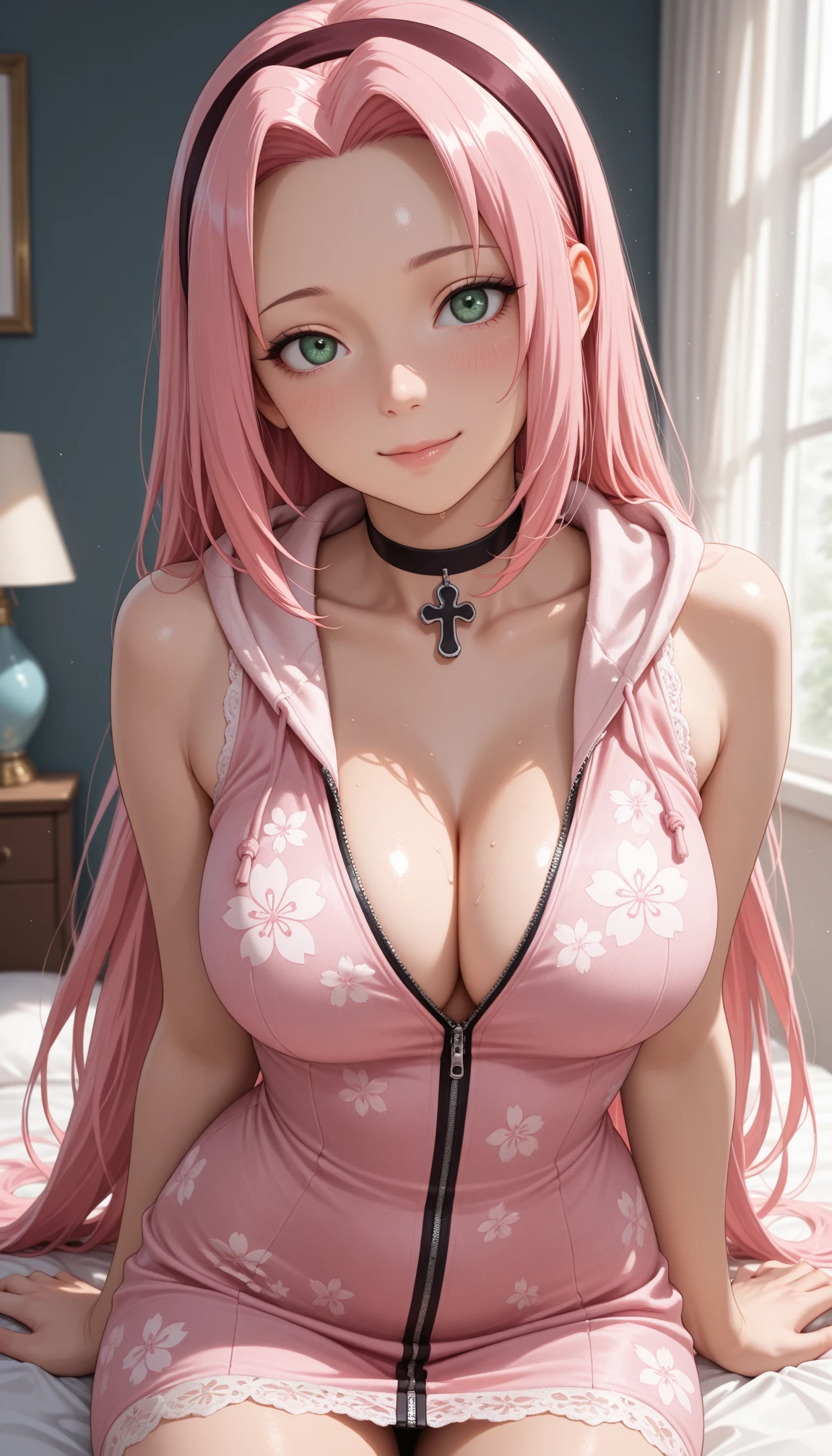 (masterpiece), best quality, expressive eyes, perfect face, light blue eyes, big lashes, small cute button nose, plump juicy pink lips, long light pink hair, small , tight ass, skinny body, bratty smile, bimbo aesthetic, spaghetti-strap bodycon dress, 