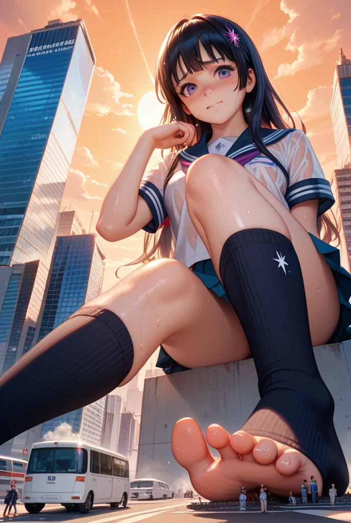 Giant maiden stepping on a miniature toy bridge，A girl taller than a building，athletic sneakers，a sailor suit，short  skirt，Structurally sound