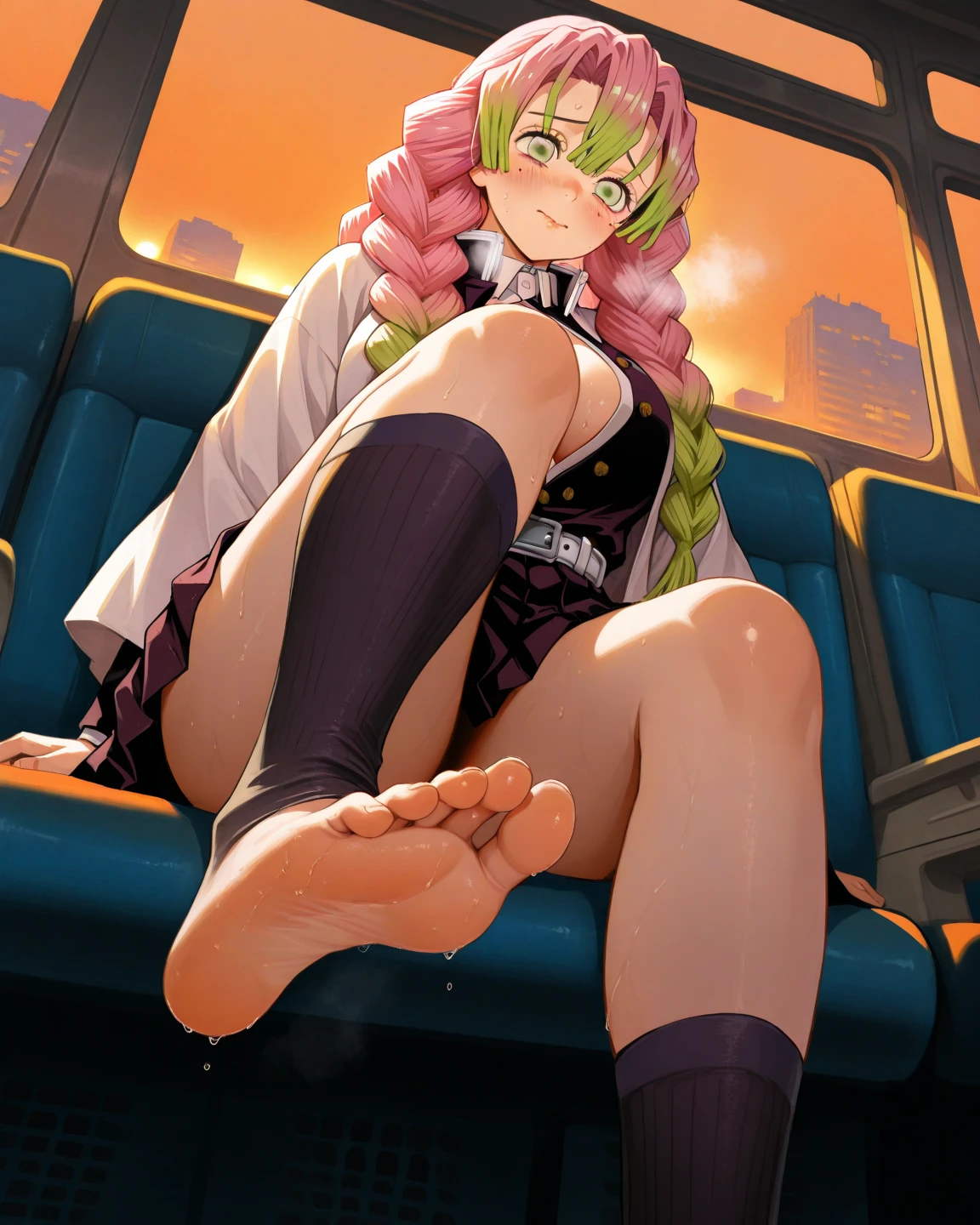 Masterpiece , best quality , Masterpiece , best quality , 1 woman , Pink ponytail , sly face , seductive smile , black bikini , abdomen , big breasts , Long legs , Barefoot , Lie down on the floor. , Spread your legs , train seats