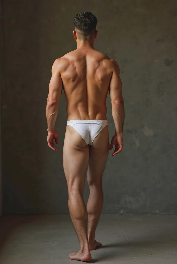 Man in pantyhose, front pose transparent, glossy, genitalia visible.