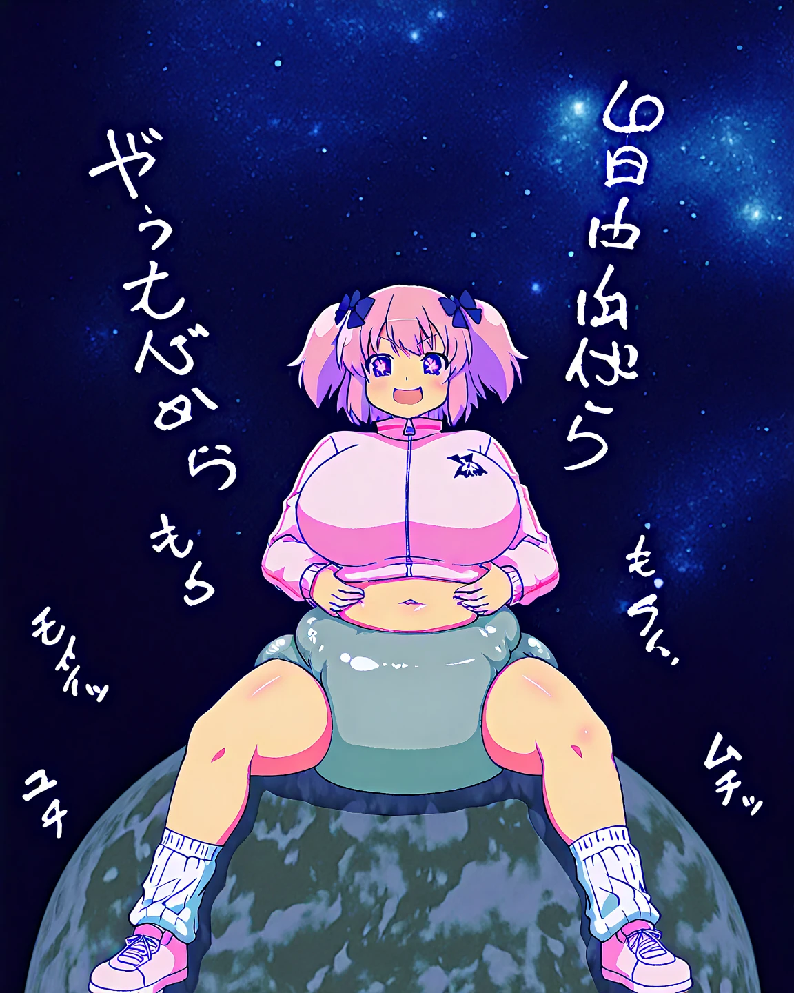 ((giantess), Pleasure, Long legs, Sweat, A woman walking on Earth, A woman bigger than the Earth, Earth, planet, Space Background, Wearing pink sportswea, Wear black yoga pants underneath, navel, Long legs, Tightens abs, No chest leakage, skinny pants, ((Sweat)), (((Falling sweat))), Thighs, Steam from the body, shiranui_kantaicollection, pink_hair, short_hair, ponytail, blue_eyes, Small breasts, UHD, best quality, masterpiece, highres,立っている