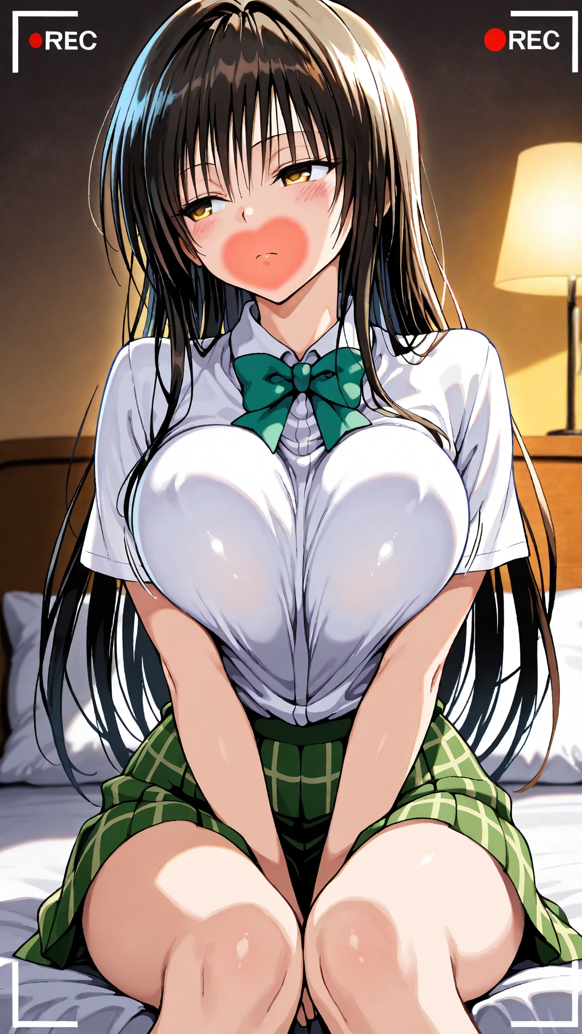 (masterpiece, Highest quality:1.2),figure,8K,High resolution,One girl,alone,Upper Body,(Portraiture:1.2),blush, Open your mouth, shy, Black Hair, Brown eyes, Long Hair, bangs, Hair between the eyes, , bow, chest, Sweater vest, Green Skirt, socks, Knee-high, Short sleeve, Checked skirt, Pleated skirt, ((White panties, White bra))(Pushing her bra aside, her nipples are visible),Open panties,(Detailed pussy:1.5), From below, ((whole body)), ((Spread your legs)), Fluttering skirt, Sitting, Under my control,gang rape,Viewer's penis