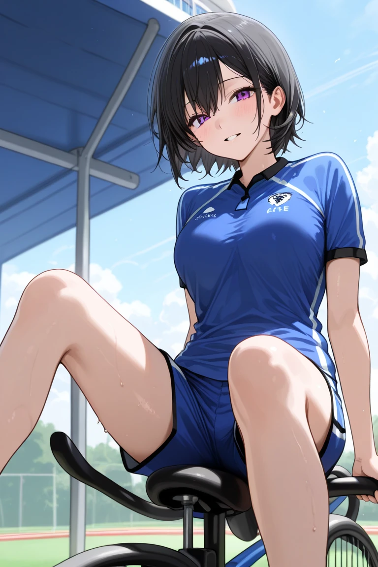 Official art,anime screen cap、superfine illustration、 hight resolution, masutepiece, best qualtiy,Best Quality,hightquality, detaileds,  (A little boy),12 years old, A young ace striker male idol with a super cute face,A boy as beautiful as Planding, Cool handsome face with smile, Long legs, thighs thighs thighs thighs,Bulge, (A dark-haired、Short,spiky hair:1.2)、 Shiny hair,  (Soccer tight shiny white training bodysuit), (tight soccer shorts),  tussock, Cool pose, (厚いthighs thighs thighs thighs、Seduce your big ass to your crotch)、(((soccer field in the park)))、((cocky、))、Smirk、Spread legs,Ultra-fine painting, (Best Quality, 4K, 8K, hight resolution, masutepiece:1.5),(((Being aware of the sexual gaze of middle-aged gay men))).、service shot to the leg、underdeveloped muscles