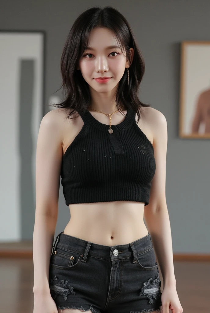 ((1girl)), woman, masterpiece, best quality, highest quality, cinematic lighting, (volumetric lighting), extremely detailed CG unity 8k wallpaper, focused, 8k wallpaper, extremely detailed, ultra realistic, photorealistic, sharp focus, absurdres, (HDR:1.2), (high contrast), photograph, detailed and intricate, instagram, portrait, highly detailed, digital painting, artstation, concept art, smooth, sharp focus, illustration, cinematic lighting, (big breast:1.3), (((skinny, slim legs))), (japanese idol posture), (knit strap tanktop, short pants, cleavage), looking at the viewer, (I don't see arms)), ((Standing)), ((Medium body shot, hip level shot)), long hair