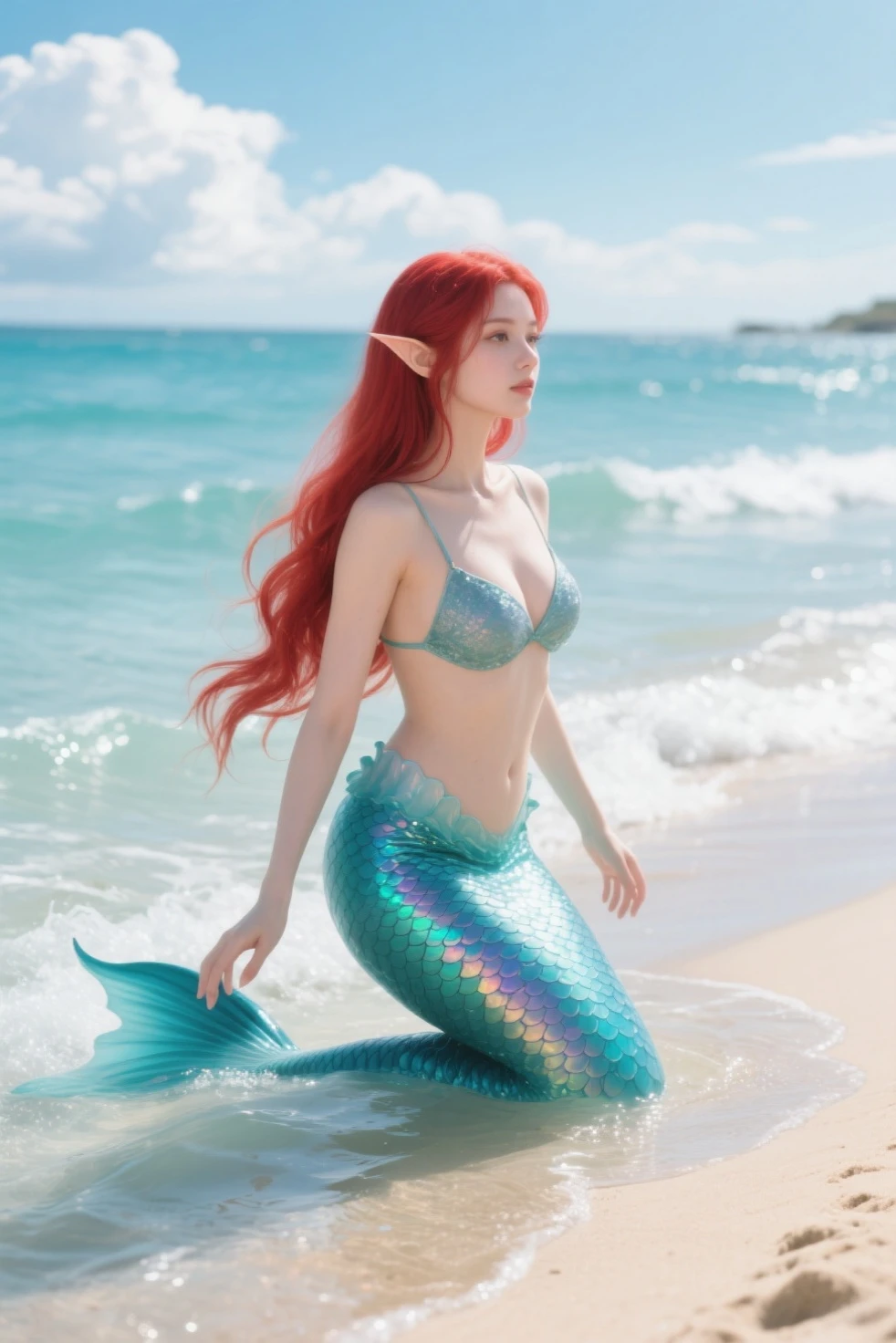 There was a regal mermaid, her tail shimmering with iridescent scales, gracefully seated upon a weathered rock. Embodying the essence of mermaid aesthetics, this beautiful serene creature exuded an ethereal aura, as if plucked straight from the pages of a captivating mermaid tale. Her smile, radiant and captivating, was reminiscent of the Queen of Mermaids herself. Atop her head, a delicate crown crafted from coral and embellished with pearls and shells gleamed in the soft light. This portrait of a mermaid, a masterpiece in its own right, was rendered in an astonishing 