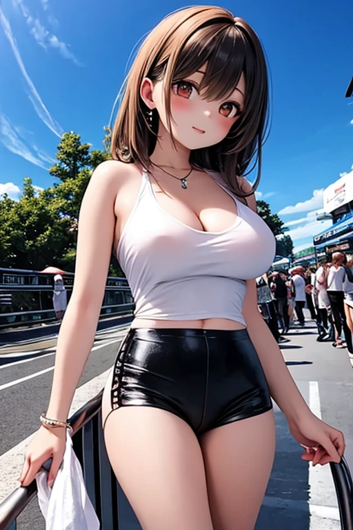 #Basics Girl posing for a photo, animeのかわいい女の子, (((One Girl, Baby Face, 16 years old))),
BREAK
#Clothing Accessories
((shiny black leather jacket、whiteTshirt、Black shorts、Knee-high boots)), ((Gold Necklace, Gold Earrings)),
BREAK
#Features
(Blonde, (ponytail : very long + Shaggy Hair + Curly hair + It spreads widely to the side + Natural curls + Red string ribbon)),
(Droopy eyes,blue eyes),
(Small breasts),
BREAK
#expression
(Laughing with mouth wide open、Wink),
#background environment
((noon, Large car park at the pass, I see a bike in the background)),
#composition
(Dynamic Pose), (Cowboy Shot:1.4),
BREAK
#Body parts elements
(Beautiful Hair,Shiny Hair),
(double eyelid, Long eyelashes),
(Expression of fine eyes, Beautiful and delicate eyes, Sparkling eyes, Eye Reflexes),
(Beautiful Nose, Thin Nose),
(Glossy lips, Beautiful Lips, Thick lips), (Symmetrical facial features),
(Detailed skin, Textured skin, Beautiful Skin),
BREAK
#Quality
(((highest quality)), ((masterpiece)), ((Very detailed))),
((High resolution), (16k,1080p)),
(Realistic), (Anatomically correct),
((comics, anime)), (3DCG), CG illustration,