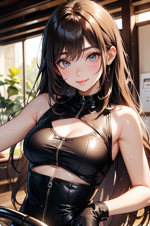 (best quality, actual), brown hair girl，fair skin and seductive brown eyes, wearing shorts、Adopt a curvaceous posture, in cafe, Smile, High ponytail and big breasts.