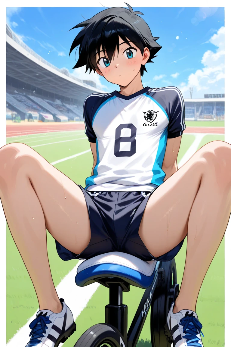 blue eyes, black hair, high res, happy and excited, group hug, penis penetrating pussy in secret, tiny girl, sex not noticed by large crowd, the sex is blocked from view from everyone except the viewer, in the middle of a crowd, people in front of on the side of and behind girl, wearing long wet shirt and clothes with a hole at crotch, big event in s stadium