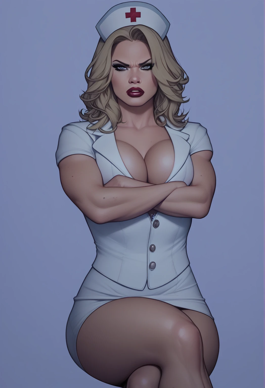 Thin woman, 4K (High definition), Considered, teacher in red dress (of buttons) with V-neck and short sleeves, black belt, pele caucasiana, shoulder length blonde hair, sitting down, eyes browns, curvy with freckles and little beads of sweat running down her forehead and chest. marvel style, white background.