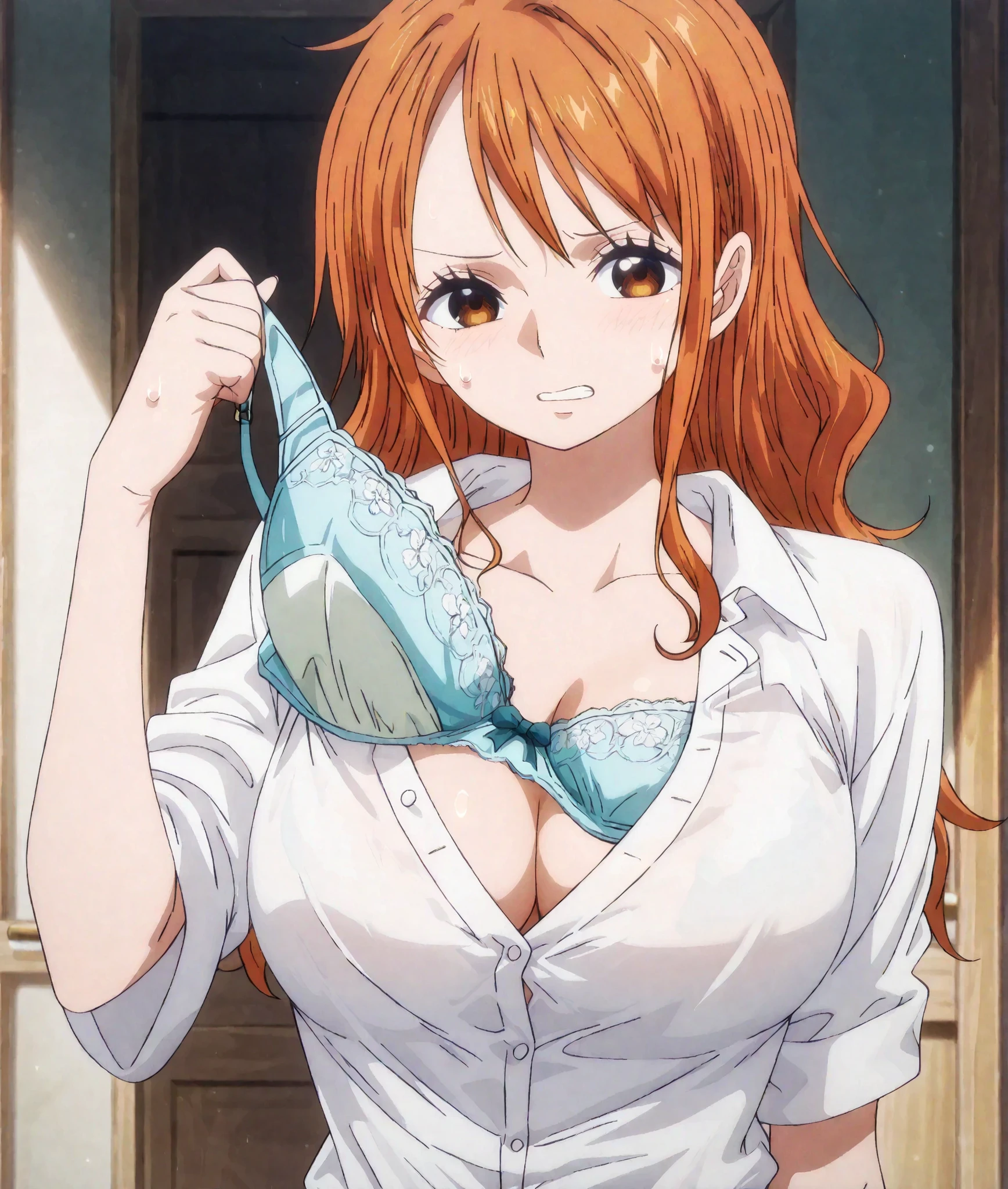 nami,anime screenshot,masterpiece, best quality, newest, absurdres, highres, detailed eyes, beautiful, detailed background, perfect eyes, anime coloring, anime screencap,
Taking_off_brav1,
1girl,breasts,
underwear,bra,solo,
taking off bra,
removing bra,
pulling off bra,
standing,
BREAK
sweatdrop,
white shirt, cleavage,
official art,