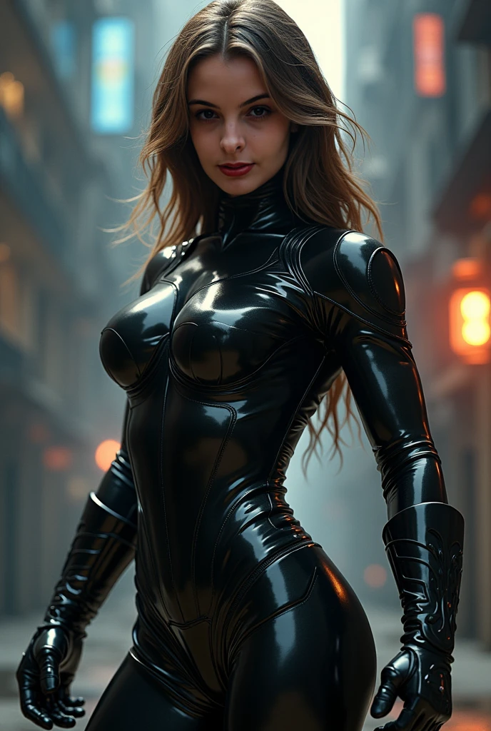arafed woman (Elizabeth Olsen), (perfect makeup:1.15), (warm smile:1.3), turtleneck latex outfit, zipper, highly detailed fur, natural skin texture, long wavy hair, 4k textures, Highly detailed perfect , Lightroom, Intricate, Ultra-Realistic, Out There, (HDR:1.3), UHD, (Intricate Detail, Hyper-Detailed:1.1), Cinematic, Photoreal, (Dark Shot:1.2), Dramatic, High Contrast, (Warm Color:1.1) , muted colors, master piece, elegant, sharp focus, (suggestive pose:1.2),big breasts, big muscles