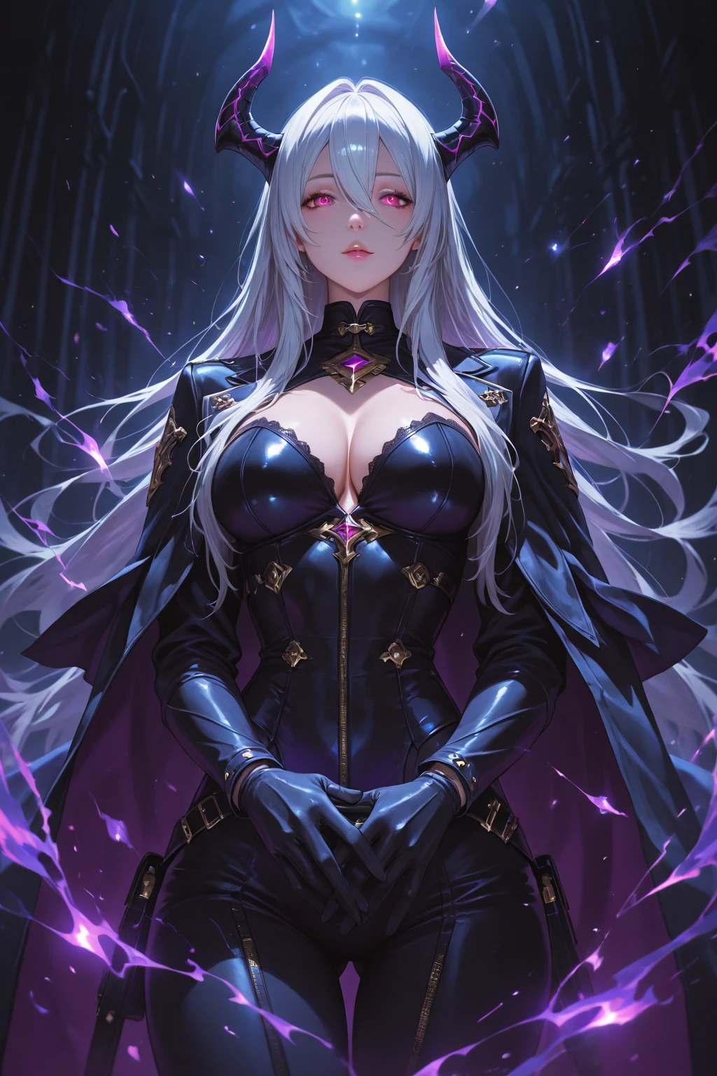 official arts, 8k unity wallpaper, ultra-detailed, beautiful and aesthetically pleasing, masterpiece, best quality, (fractal art: 1.3),female, 1 girl, magic woman, purple eyes, misterious smile, tall woman, very muscular, serious and and angry face, wavy messy white hair, black dress, shrouded in darkness, moving your hands creating a bluish aura that lights up your face