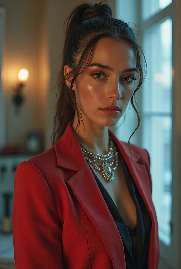balalaica, masterpiece, Best Quality, absurdities, 1 girl, looking at the viewer, inside, Office, Sunset, Serious, Crossed arms, chair, Session, Red suit, tube skirt, shackles, (burn scar:1.5), mole under the eye, Upper part of the body