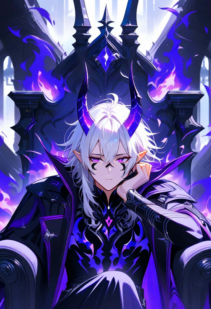 zeronis, 1boy, manly, muscled, masculine, frowning towards the camera, purple eyes, league of legends, yone spirit blossom, lips, silver plate armor, hero, small black delicate horns, white hair, portrait, solo, ((masterpiece)), (deep depth of field)