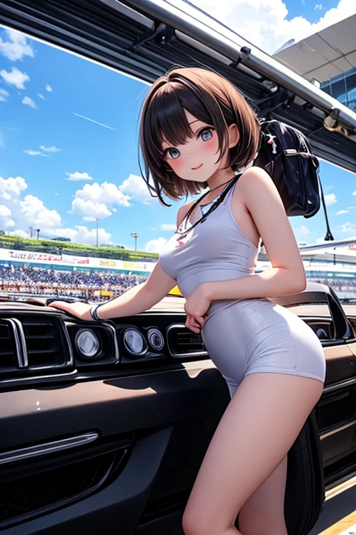 (((masterpiece, Highest quality, High resolution, 超High resolution, Perfect Pixel, Depth of written boundary, 4K, RTTX 10.0))), Beautiful Anime Woman, Beautiful art style, Anime characters, ((Smooth texture, Realistic texture, Anime CG Style)), Exact finger count、Exact number of legs、(Exact number of arms:1.0, Exact number of hands:1.0), (Perfect hands, Perfect Anatomy), Cinematic, Realistic, Extremely detailed CG, Daytime lighting, Perfect lighting, Best Shadow, The best natural light, A separate, precisely shaped car, whole body, Perfect body, バランのとれたPerfect body, Perfectly balanced style, Slender body, ((bangs, Reddish brown hair, Bobcut)), ((The back view of a cute adult woman standing sexily with her hands on a car and her butt sticking out:1.8)), (pussy juice:1.5), ((Bow tie around neck:1.3), (Sexy and cute blue underwear:1.3), (Stylish shiny blue satin panties, Side-tie blue full-back panties, Blue full-back panties with lace trim:1.3), (Light blue panties:1.3), (Blue micro lace satin bra, Blue bra with lace trim, Thin bra:1.3), (garter belt, Garter Strings, Knee socks:1.3):1.3), (motor Show, Many visitors in the background, Crowded venue, A show car on display in the background, indoor:1.7), naked, Blue underwear, Angle from directly behind, A close-up angle of a butt in blue full-back panties