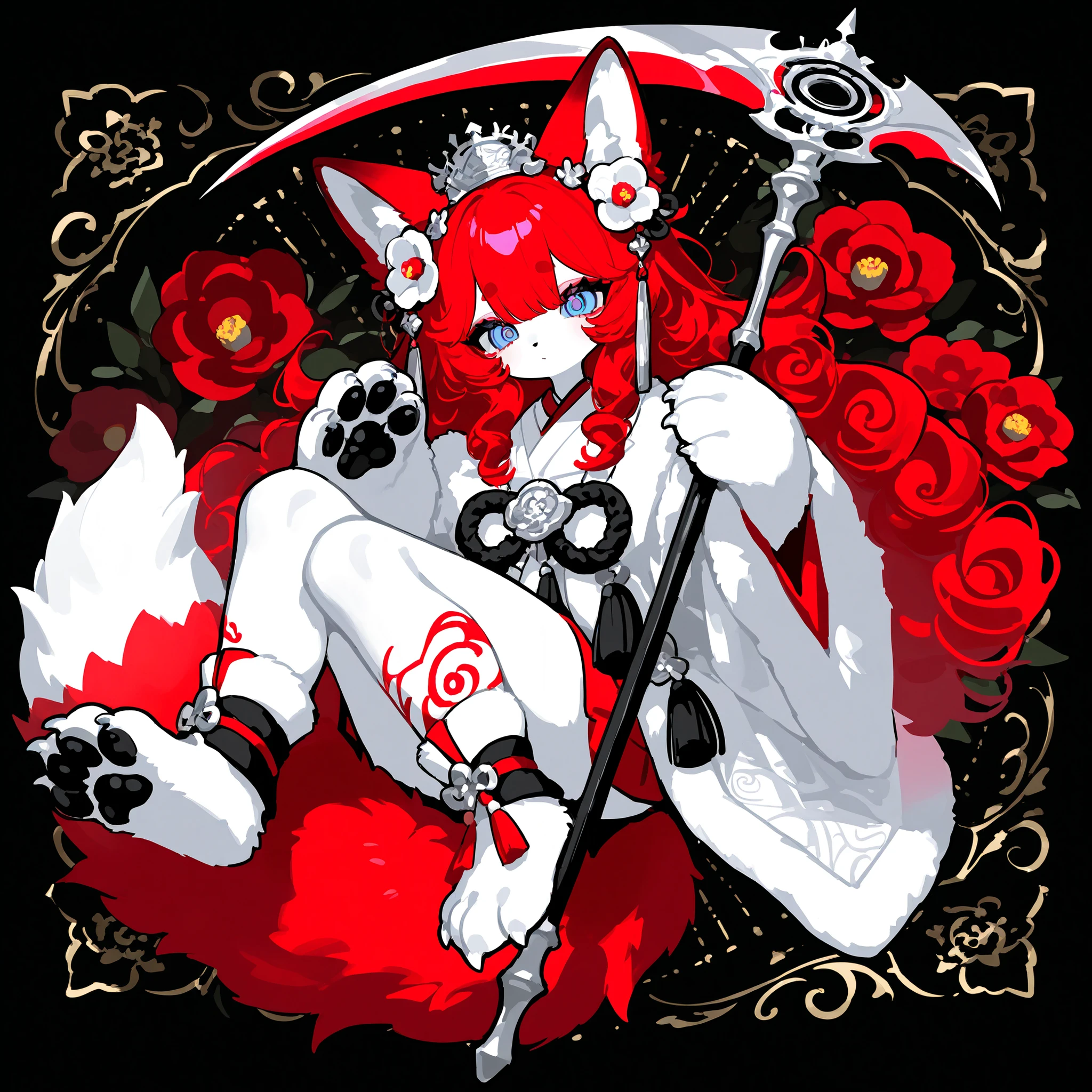 (Canine paws,xxx667_illu, paws pads, metacarpal paws pads,claws, detailed paws, [color] paws,)The kitsune girl, the red-haired fiery fox.  She has peach-white skin, Asian features, and slanted, half-lidded blue eyes. She has an oriental make-up, her eyes are lined with scarlet and gold, and she has stripes on her cheeks.   She has longest orange-red curly hair and curly bangs. She has big fluffy fox ears with black tassels. She has a red fox tail.  She is dressed in a red and white Japanese priestess outfit and a scarlet haori decorated with white-gold-red camellia flowers. She is armed with a red battle scythe decorated with white oriental ribbons, Japanese amulets and pendants.  In the background: the oriental garden at the temple with flowering camellia bushes.