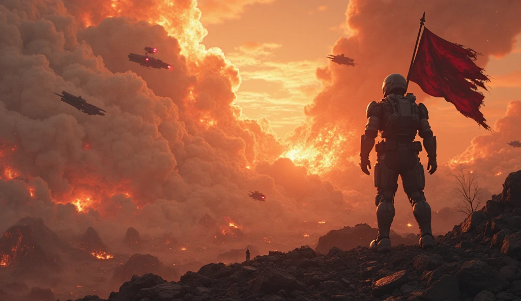 ((best quality)), ((masterpiece)), ((inked)), (1man:1.2), majestic intricately detailed soft oil painting by jim lee, body wide angle shot, futuristic cyborg warrior in a ruined city, warzone, explosions, billowing smoke,towering destroyed buildings, robots, alien spacecraft, (backlit:1.3), highres, depth of field, (deep shadows:1.2), high detail, sharp focus, smooth, roughness, real life, backlit, photorealism, photography, cinematic Film still from (edge of tomorrow:0.8):0.8)|independence day|mass effect