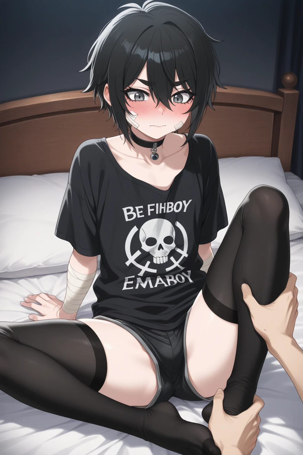 Komi, female, solo, 1female, toned, wide hips, very skinny, very thin, very slim, very slender, thick thighs, ifbb, thin waist, slendered abs, narrow waist, small waist, erection, boner, futa_overflow, futanari, gaming room background, bedroom, dark, lights out, shy, surprised, flat chest, flat chested, on all fours, bulge, bulge in the crotch, goth outfit, gothic, fishnets, short hair ponytail, small black underwear, bikini harness, stripped fingerless long gloves, skull patterns, belts, ropes, spiky choker, steamy, sweaty, pentagram, on a bed, led rgb lights, dildo, sex toy, no panties