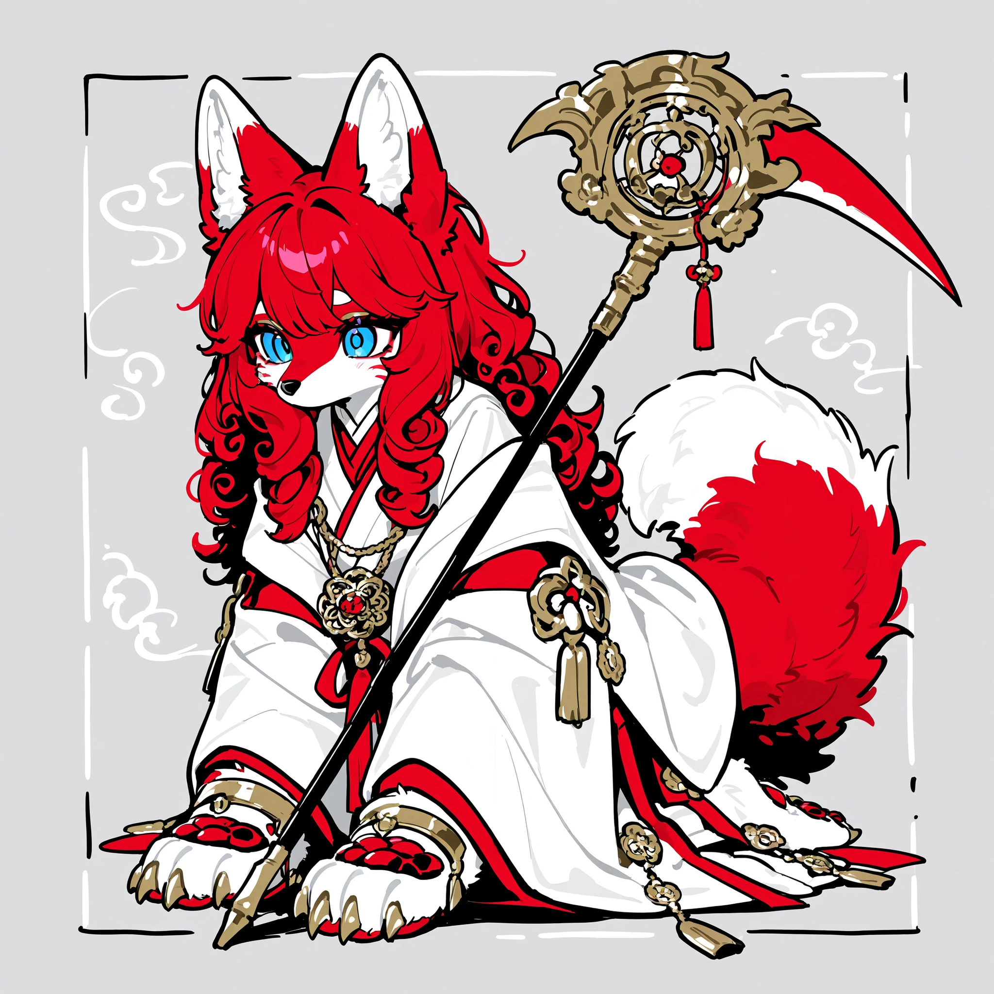 (Canine paws,xxx667_illu, paws pads, metacarpal paws pads,claws, detailed paws, [color] paws,)The kitsune girl, the red-haired fiery fox.  She has peach-white skin, Asian features, and slanted, half-lidded blue eyes. She has an oriental make-up, her eyes are lined with scarlet and gold, and she has stripes on her cheeks.   She has longest orange-red curly hair and curly bangs. She has big fluffy fox ears with black tassels. She has a red fox tail.  She is dressed in a red and white Japanese priestess outfit and a scarlet haori decorated with white-gold-red camellia flowers. She is armed with a red battle scythe decorated with white oriental ribbons, Japanese amulets and pendants.  In the background: the oriental garden at the temple with flowering camellia bushes.