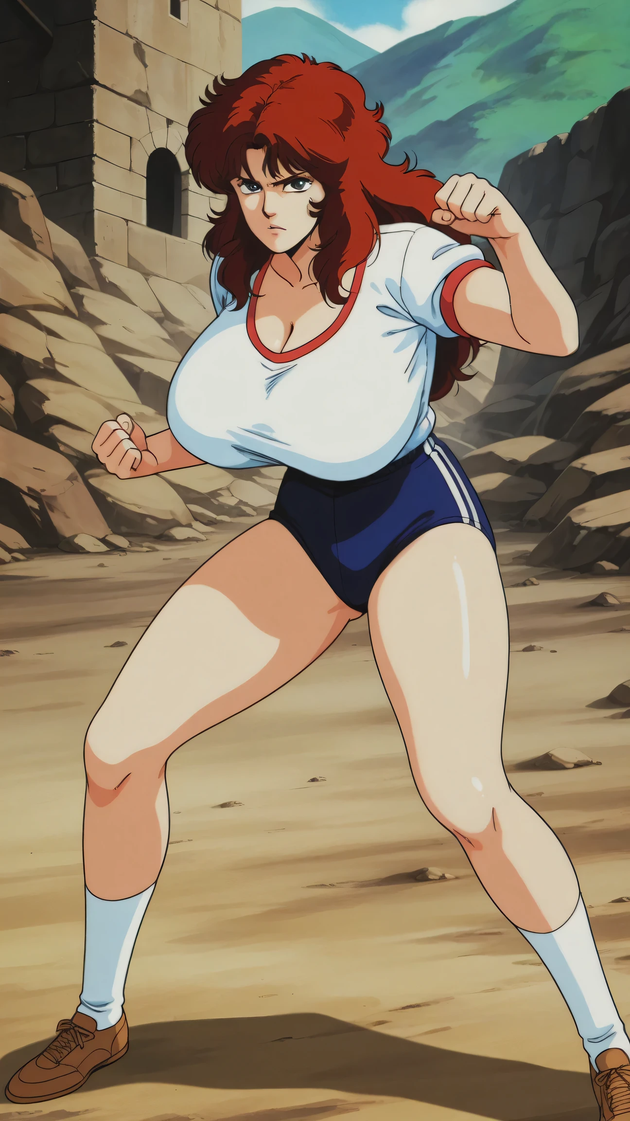 1990's retro anime style,Mamiya in a fighting pose, one woman, reddish brown hair, long hair, curly hair, serious expression, huge breasts, thin white gym uniform with a low neckline on the upper half, no bra, navy blue buruma with white lines on the lower half, white long socks, brown sneakers, fighting pose, location: wilderness,