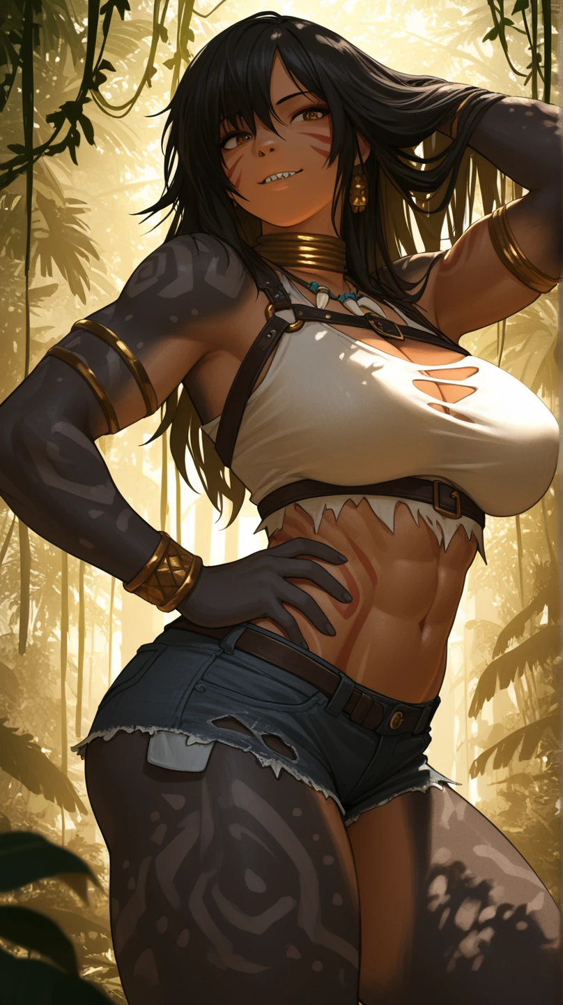 ((best quality)), ((masterpiece)), (detailed), 1girl, off-shoulder sweater, 8k_wallpaper, extremely detailed eyes, extremely detailed body, (large masterpiece digital art), ((perfect anatomy huge chest)), (intricate details:1.3), (ultra-detailed:1.3), (sharp focus:1.3), (natural lighting:1.05), (vivid colors:1.3), (best quality:1.4), high quality, expressive eyes, full body, tall girl, detailed face, beautiful face, perfect face, detailed ((sand hair)), (gold eyes), {{dark skin}}, ({dark skinned female}), gigantic breasts, thick thighs, a young Korean woman, (with golden eyes), (ponytail sandy lush hair), {tanned dark bronze skin}, (a huge chest), nipple piercing, powerful sculpted leg muscles, powerful sculpted arm muscles, powerful sculpted abdominal muscles, sculpted thigh muscles, no underwear, naked, leather shorts through which they stand out outline of a pussy, walking through the forest, trees with blue foliage and white flowers,
