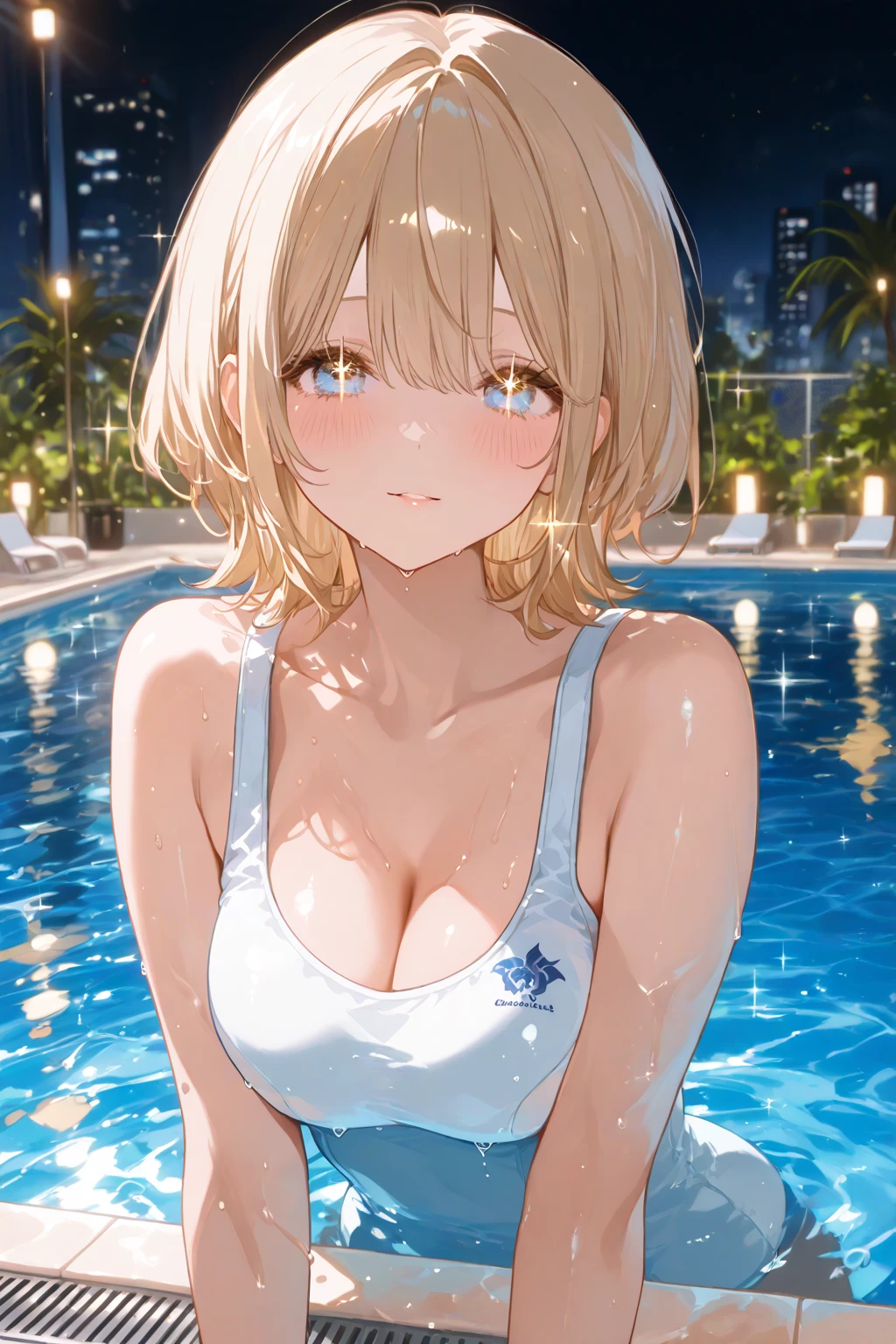 absurdres, (masterpiece, best quality), (ultra-detailed), extremely detailed, super high resolution, (Top Quality photorealistic Illustration), (Super Definition), (best quality,masterpiece:1.0),(cute illustration:1.3), (high Saturation:1.2), highres, ultra-detailed, 32k,8k resolution, intricate details, cinematic scene, detailed background, detailed background,(masutepiece:1.2), (Best Quality:1.2), hyper detailed illustration, beautiful artwork,(Extreme detail CG Unity), (8K Wallpaper)、(exquisite lighting and shadow)、(highly dramatic picture)、(cinematic lens effects),strong light coming in, BREAK (dynamic angle:1.6), (close to viewer:1.6),from below, depth background, in the Poolside, pool, splashing, blue sky, windy, rim light, sunlight, beautiful lighting, strong light, widely, (girly standing:1.3), ((looking at viewer)), BREAK 1 girl, (us1),blonde hair, purple eyes,short hair,short bob cut, (straight hair:1.8), cute girl, (round face:1.6), (baby face:1.6), (kawaii:1.6), (cute:1.6), (loli face:1.6), (round eyes), (ultra-detailed brilliant big eyes), (large pupil), ((shiny skin)), ((pale skin)), (shy), (blush), smile, BREAK (show off nipples:1.8), (full nude:1.8), (exposed chest:1.8), (no bra:1.3),medium breasts, (small nipples:1.2), (small areolas:1.2),,(very extremely small panties:1.8),(pussy line:1.8), Big smile