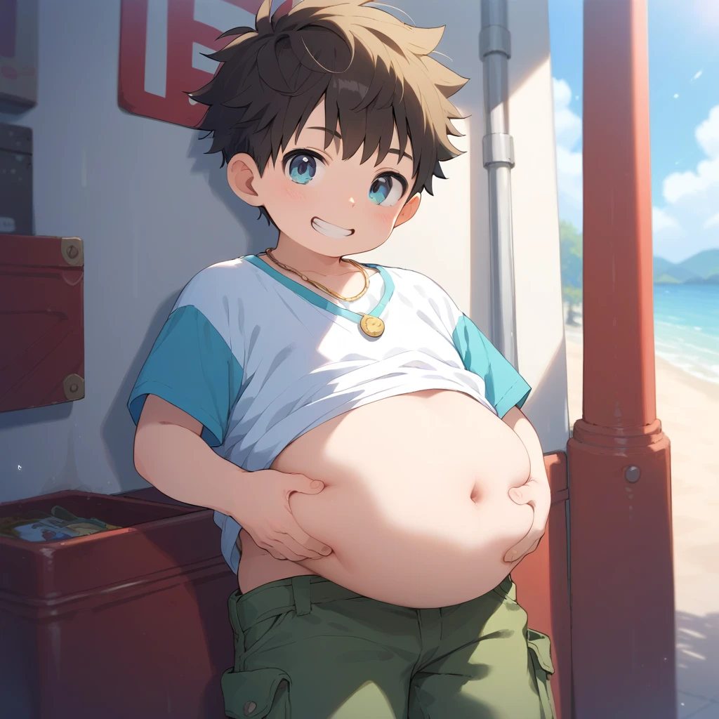beautiful, chubby, (very short hair), (pudgy face), (naughty) (high school students), (handsome), thick, overweight, beefy, (nipples), (cute), (little brat), (naughty brat), (へそ), ぽっちゃりした体, big belly, 汗ばんだ体, (臭そうな体), (fullbody)