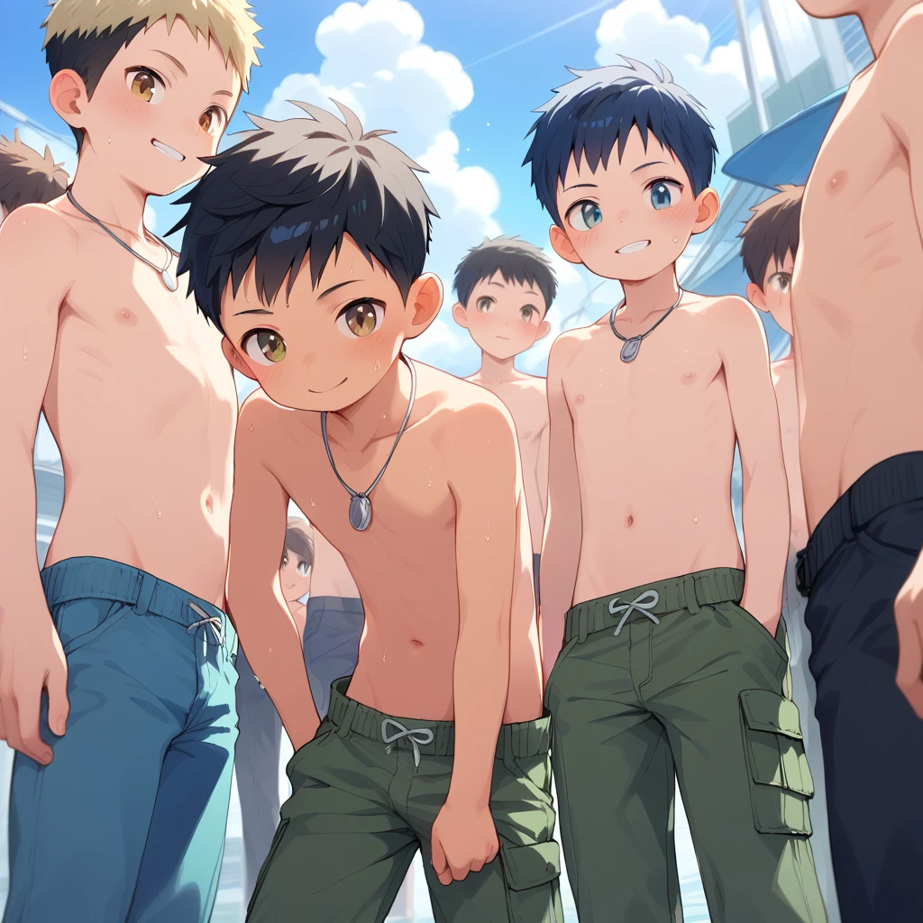 nudist female teacher、A lot of aggressive elementary school boys hugging each other、Laughter and joy、Group Selfies、in group photograph、In the tent、intense curiosity