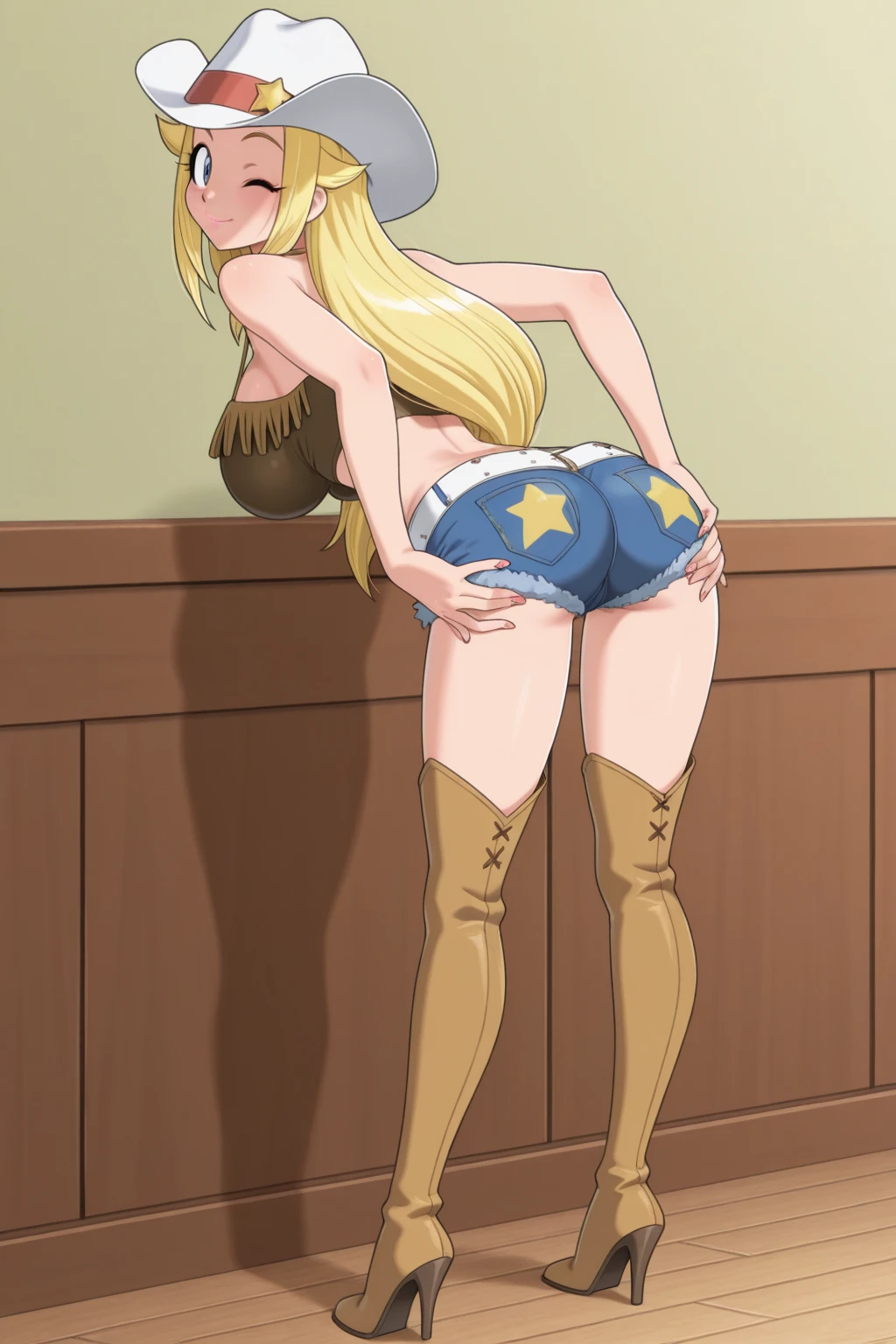 (masterpiece, best quality:1.2), full body,solo,1girl,applejack ,looking at viewer,low-tied long hair,cowboy hat,shirt,school hallway,vector trace, cowboy boots, (pink panties, highleg panties, cameltoe), ((angry, blushing, clenching fists, standing, clenching teeth, )) , skirtless,  bottomless,((wetting self, pee stains, puddle, urine running down legs))