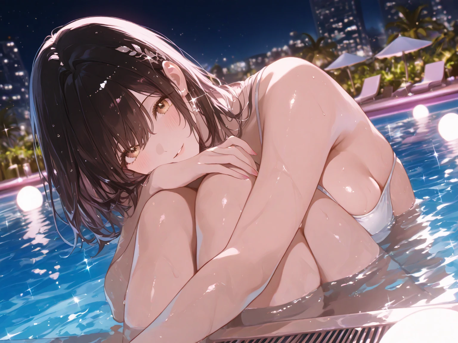(masterpiece, best quality:1.2), 1 girl, alone , sexy , (white_bikini), cowboy shot, black hair ,hair bun, (Sweat), (pool_background) , outdoor