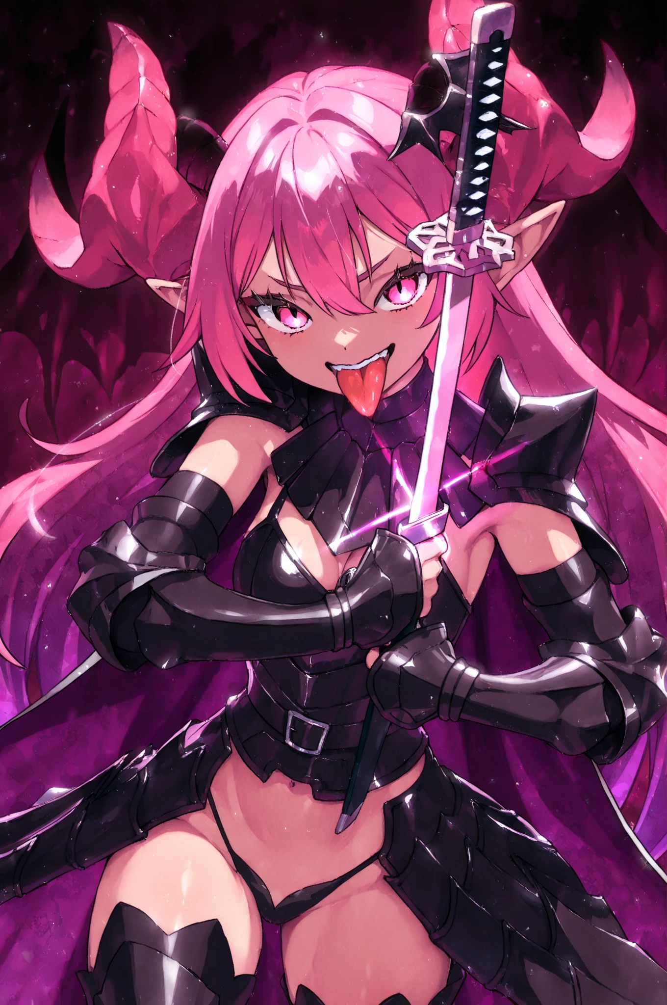 Pink metal bikini armor and helmet、blue eyes、Purple long hair、A dynamic, muscular woman fights against goblins with a sword in a dungeon.