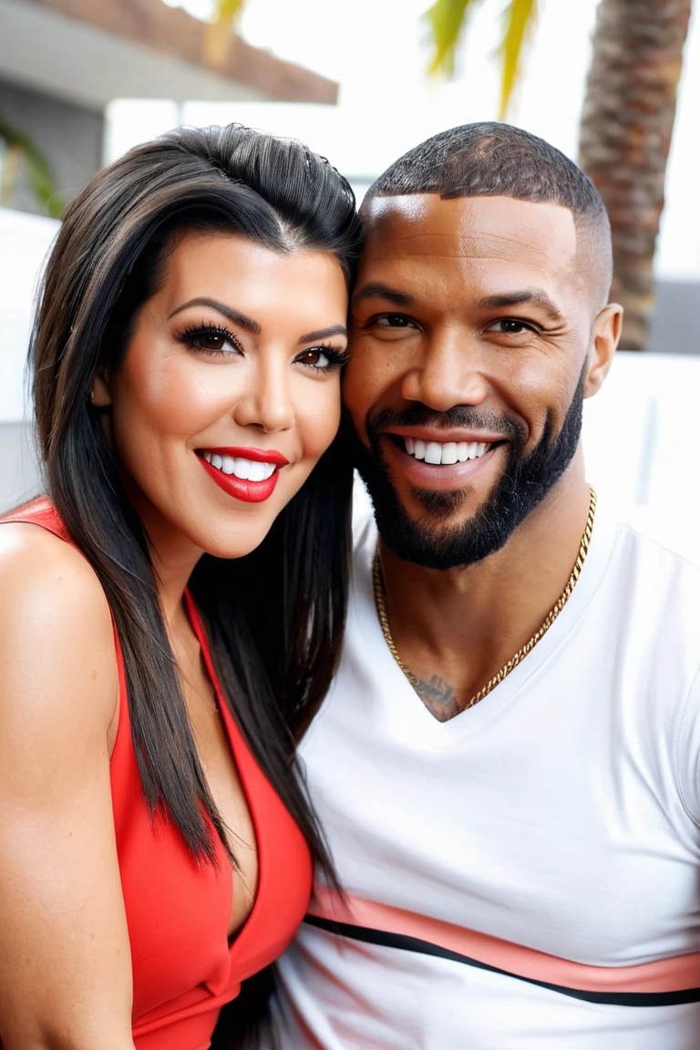 Russian-French actress/model Anna Polina and a handsome African American male whose facial features are a combo of Isaiah Mustafa + Omari Hardwick + Leonard Roberts pose together for a photo. Both are smiling. Both are attired attractively but casually for a date. Anna has lovely makeup on her face. Daytime. Romantic ambiance. Symmetrical eyes. Symmetrical faces. Lovely details. Photorealistic. Full-colored photo. Professional photo. Highly detailed 8K.