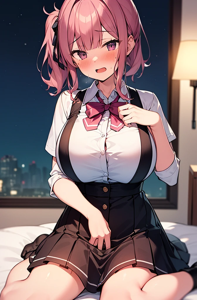(8K、best image quality、highest quality、masterpiece)、detailed face、1 girl、gyaru、blonde、short hair、ponytail、gray eyes、earrings、evil smile、open mouth、((stick out tongue))、big breasts、((white collared shirt))、((cleavage))、((black pleated skirt))、((miniskirt))、((open legs))、((black panties))、cowboy shot、sit、Gym storeroom