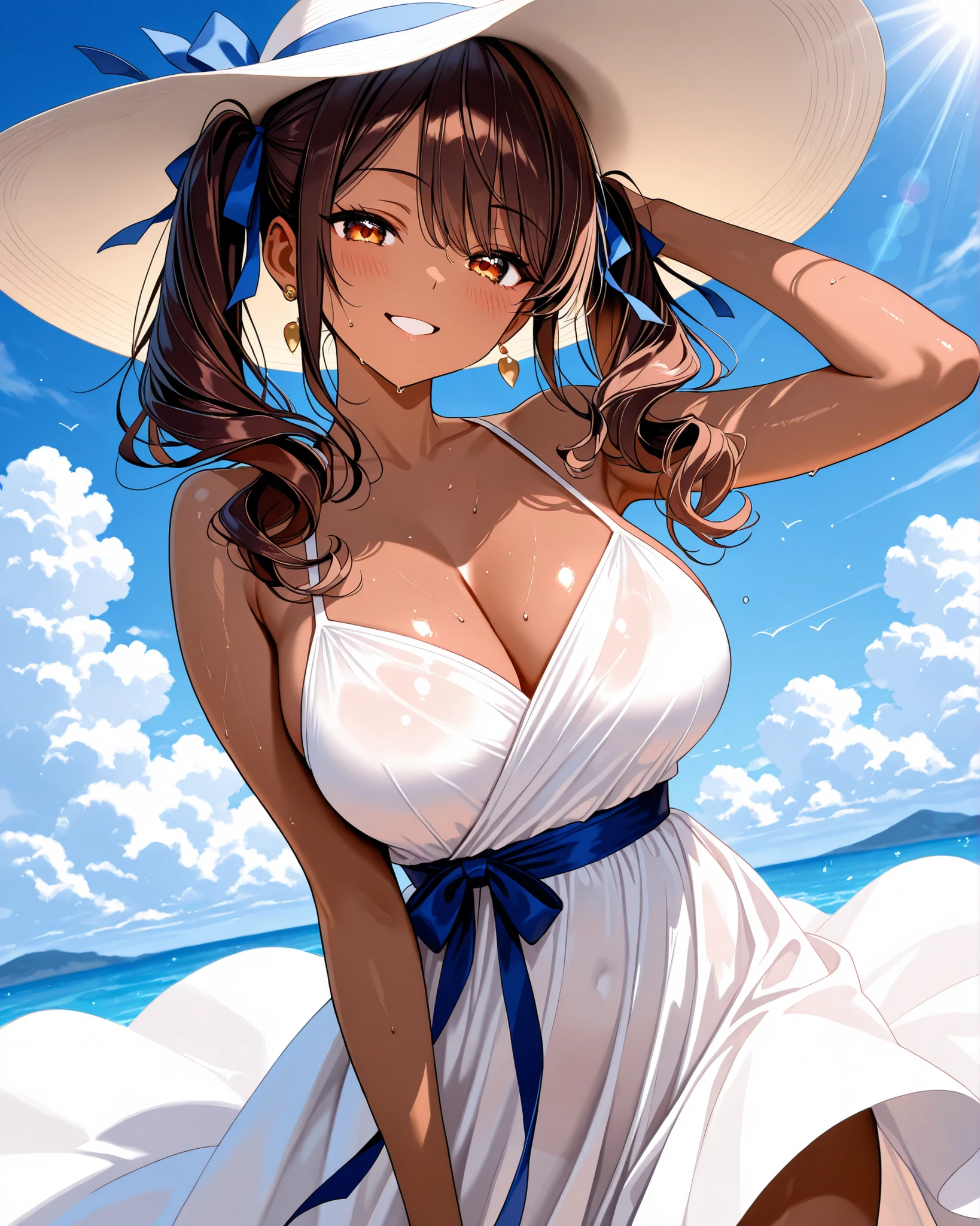 Best Quality, Masterpiece, , ,short, huge breasts, by white,two low tails, purple eyes, yukine chris, two thin tails,, playa, mar, White dress, White skirt, one piece white, top-hat, (((shy))), (happy), Leaning forward, summer, From above, arrive, smiling,