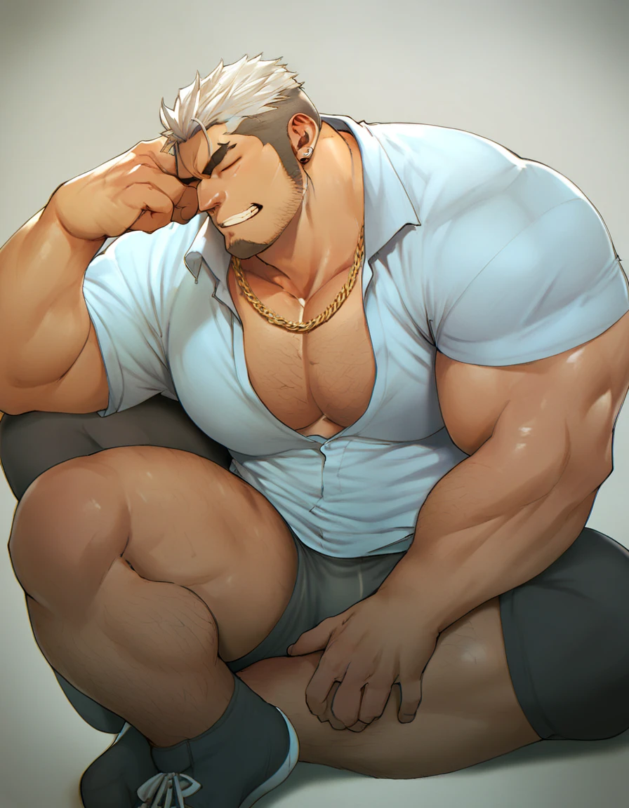 Archer /(fate/), blushing, seductive, sexy, short hair, muscular, bara, short stubble, fingerless gloves, erect, laying on the bed, tank top, cycling shorts, eye focus, blue eyes, manly, Realism, award winning, best quality, highres, high details, anatomically correct, masterpiece, manly, detailed eyes,
