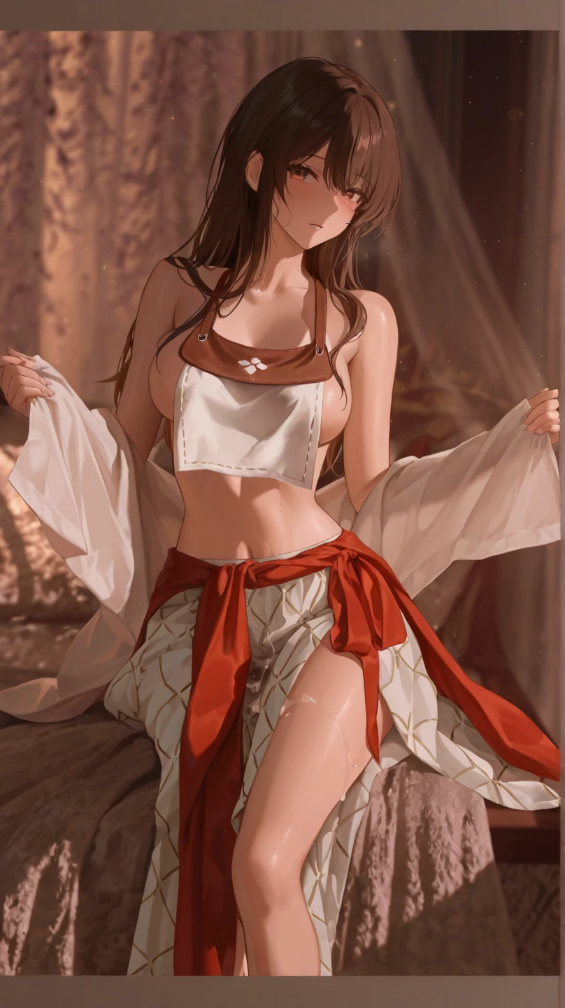 Lake Izu,((Highest quality)), ((masterpiece)), (be familiar with), One female,(Small breasts),Long Hair, Brown Hair, Brown eyes,Exposing shoulders,((Erect nipples))