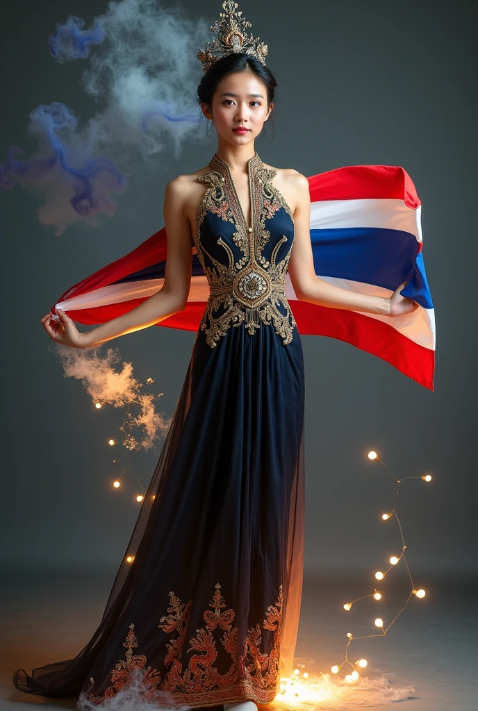 Funko pop of a 27 year old girl wearing plated beaded gold ring earrings strapless mini bodycon gold glittered dress gold metallic heels and 2 pairs of chunky gold metallic bangle bracelet in her right wrist and the girl standing on the road with holding a national flag of the Philippines and behind her is the Mount Banahaw Create realistic image high quality