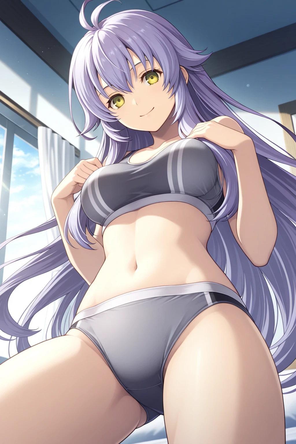 1girl, alone, nano eiai, red eyes, blue-white hair, long hair, Pov (from the front), Masterpiece, Best quality, 1 girl, solo, bikini, white bra, white string thong, White shirt, Wet shirt, Open shirt, Legs crossed, sitting, sitting on the sand, Beach, Sea, long_hair, closed mouth, medium tits, medium waist, medium hips, Wide thighs, looking at her own  in a bikini, Smile (wet clothes, transparent: 1.2), (White shirt), Wet, closed mouth, smile, Landscape urban, (gray sky, rain:1.3),