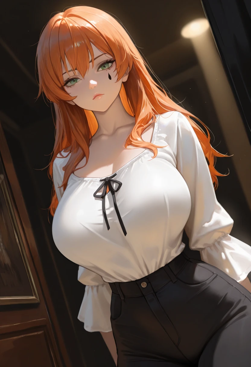 masterpiece, 1 mature woman, long orange hair, Looking at camera, green eyes, frowning, police uniform, ink drawing