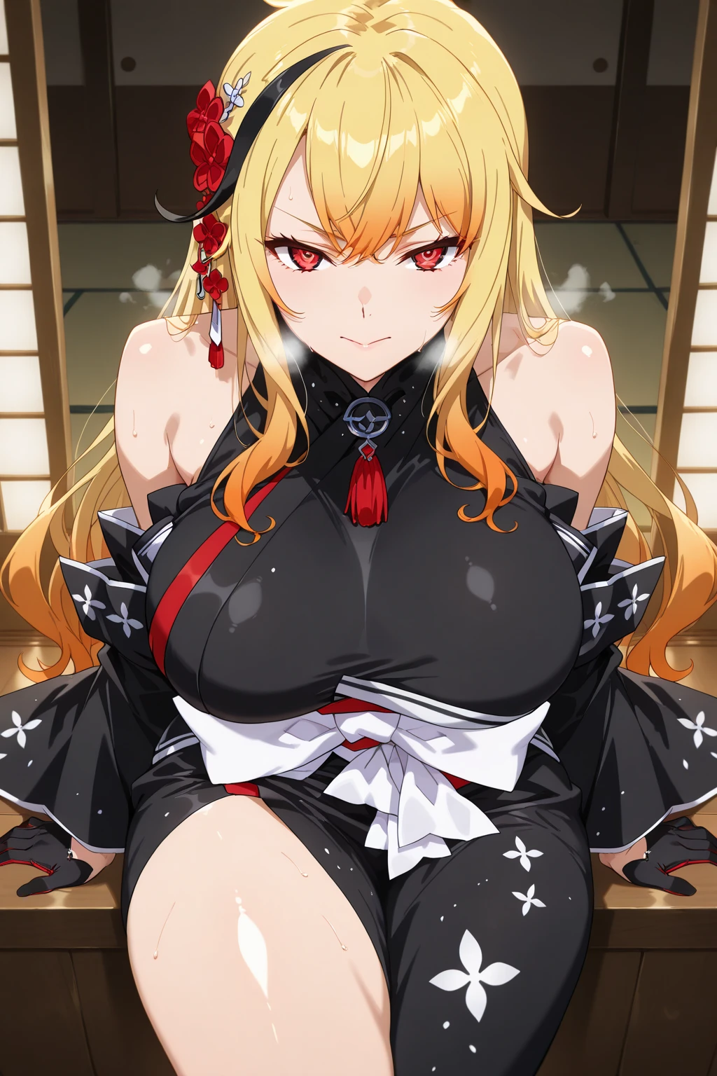misaamane, misa amane, long hair, bangs, brown eyes, yellow hair, blunt bangs, two side up, red lips, lipstick, smile,
choker, necklace, black choker, cross, red nails, cross necklace, masterpiece, best quality, highly detailed, a anime girls in kimono dress with a sword posing for a
picture, bare shoulder,open kimono, evil smile, open mouth, crop top , (nsfw) not safe for work, smile,
ecchi anime style, anime girls, ecchi style, ecchi, digital anime art!!, in anime style, official artwork, visual
novel cg, beautiful anime girl, anime style 4 k, kimono pencil skirt, exposed belly, exposed navel,
exposed midriff, exposed lower belly, outdoor, japanese architecture, temple