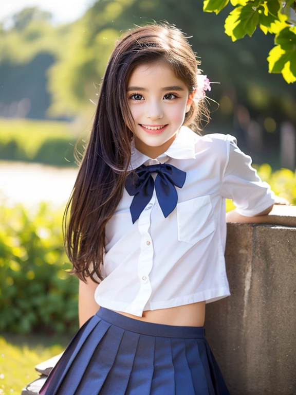 (Best-quality, Masterpiece, Ultra-High-Resolution, (Photorealistic:1.4), Raw Photo, depth of field, professional lighting, perfect anatomy, extremely details), 1girl, 15-years-old, the most famous Japanese idol, (wearing Japanese high-school uniform with summer-design, white short sleeves shirt, (navy-blue pleated-long-skirt)), ((from below):1.3), ((((looking at viewer, shy-smile, arched back, panty-shot)))), (extremely cute face, (extremely cute big-eyes), extremely cute hair, extremely cute skins, extremely cute long-eyelashes, extremely cute lips), extremely cute body, extremely cute thighs