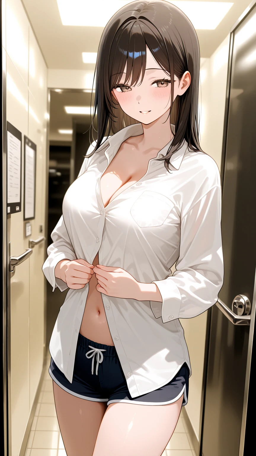 ((super high quality,Ultra-high resolution,16K,super masterpiece,Ultra HD ,Detailed shading,))One mother,Sexy naked shirt,Folded sleeves,popped Tight collar White shirts,Even the third button is undone.,smile,Outside the front door,