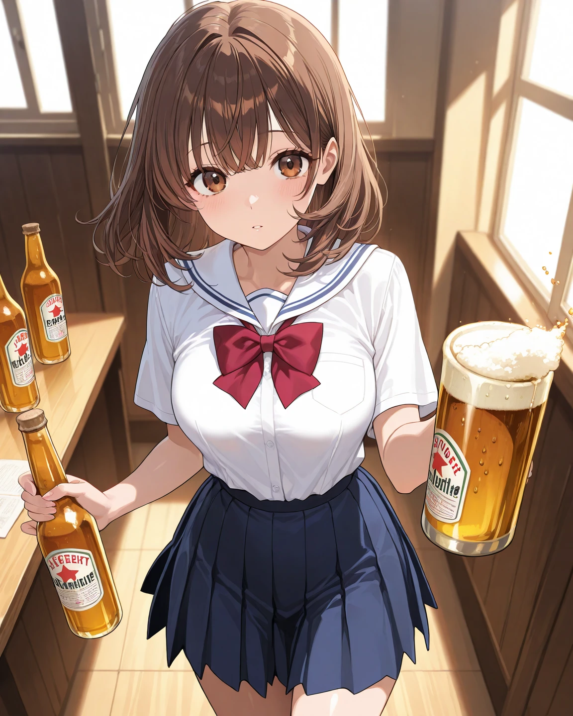 Only one female, Sit at the counter table, (Holding a beer mug) In one hand, office worker, Suit jacket, Stylish clothing, Mature Woman, /(Light brown hair/) bangs, A gentle blushing smile, (Drunk:0.8), (Masterpiece Top quality:1.2) Delicate illustrations, super detailed, Big Break (A lively tavern) indoor, 1 bottle of beer, Crowded, (Warm lighting), Detailed Background