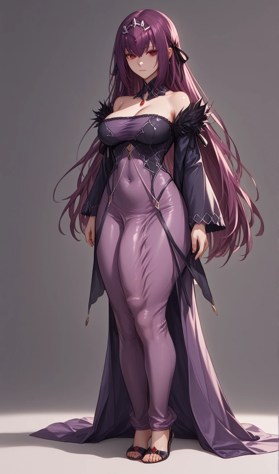(masterpiece, best quality:1.2), coffeeslice, 1girl, long hair, solo,very long hair, smile, full body, parted lips, (realistic, photo-realistic:1.37), (8k, RAW photo, best quality, masterpiece:1.2), simple background, ultra-detailed, physically-based rendering, kodakvision color, bokeh, sharp focus, (solo:1.4), best quality, extremely detailed face, extremely detailed eyes and face, beautiful detailed eyes, 1girl, def_idunn, white hair, dark purple long dress, collarbone, wide sleeves, long sleeves, purple dress, bare shoulders, absurdres, incredibly absurdres, masterpiece, best quality, realistic, sharp image, simple background, (1girl:1.6), big breasts, topheavy. plump, curvy, chubby, (plump, gigantic_hips:1.2), fat, sciamano240, soft shading, detailed, semi-realistic, thick thighs,