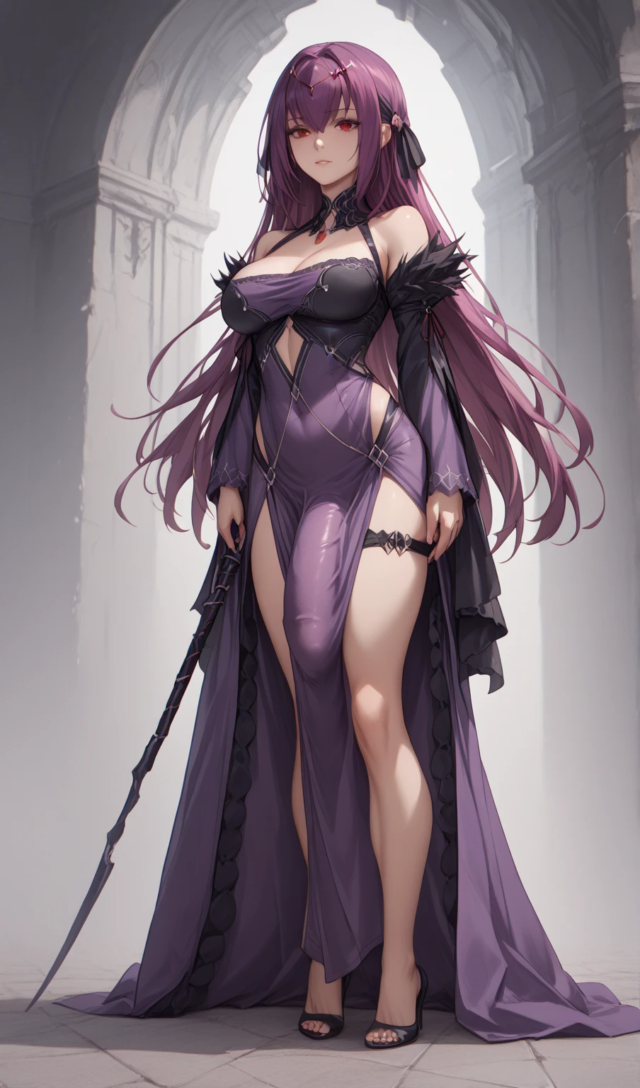 Girl with clock eyes, purple hair, big breasts, barefoot, busty at school bloody body she holds a knife 