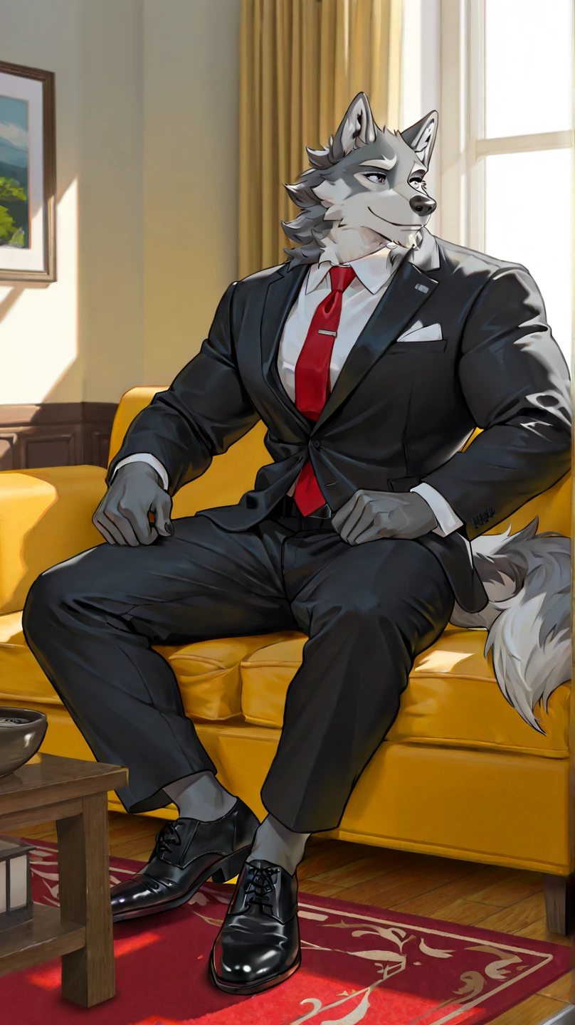 solo, male, brown and dark brown german shepherd, bottomless, (dark gray suit with red necktie, pants rip open, torn_pants, brown shoes), brown pubes, presenting his vagina pussy, (Portrait Focus), head to foot, both hands bound by rope, mouth gag with a white cloth, laying back on a bed, angry expression, high detailed, masterpiece, motel bedroom background, by Meesh