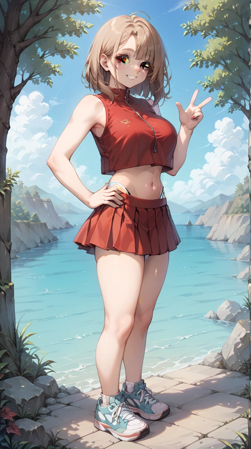 NSFW. ((micro-bikini.)) perfect face, sexy supergirl Melissa Benoist, naked, legs apart, crotch showing, smiling, deserted beach, ((best quality)), ((masterpiece)), (detailed)