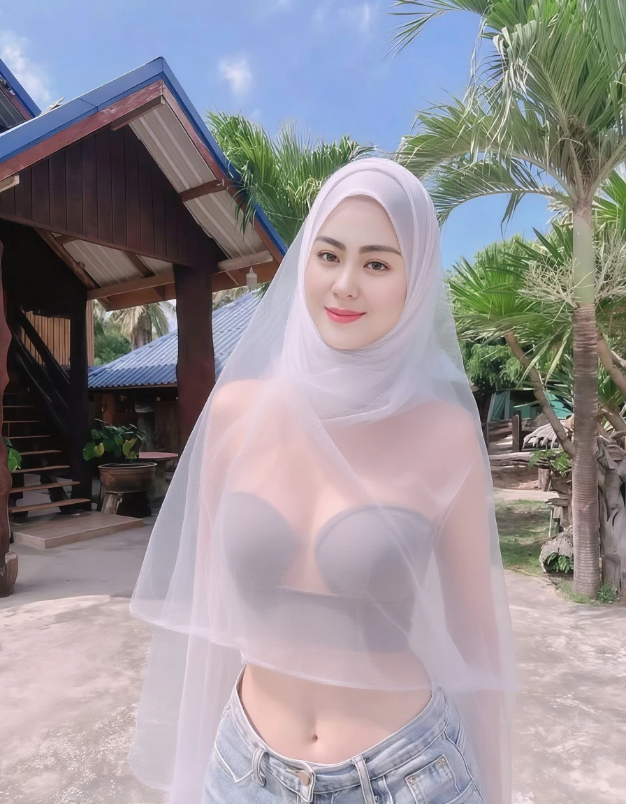 ((Best quality, 8k, Masterpiece :1.37)), (wear hijab girls), girl wear hijab muslim, face bukkake, 18 years old girls, ultra detailed face, ultra detailed body, detailed hand, lips smile, Beautiful detailed eyes, detailed nose, Natural Lip, (Lip Smile), face smile, Wear hijab moslem, fancy jubba thobbe, photo full body, view of the blue sky, (Undressing), small breasts, realistic Vagina, backround people hijab