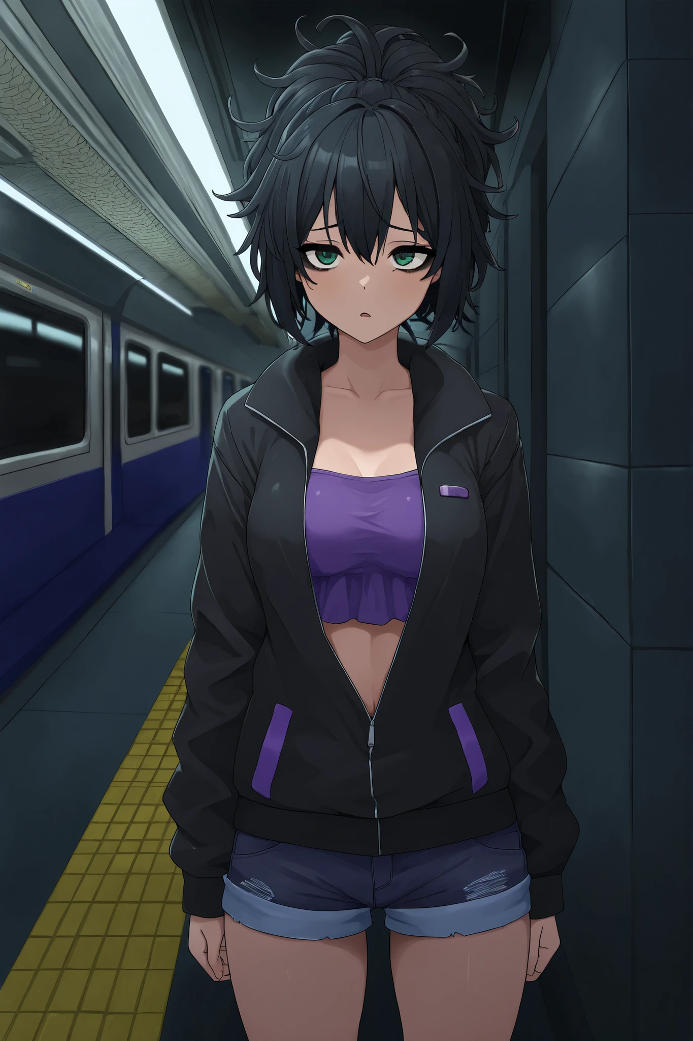 masterpiece, better quality, ultra detailed, 1girl solo, black hair, medium breasts, short hair, ponytail, messy hair, dark circles, tired expression, Green eyes, black eyeliner , black open sports jacket, (purple mini top ) denim shorts. Background at a subway station, at night, dark, tiempo at night.